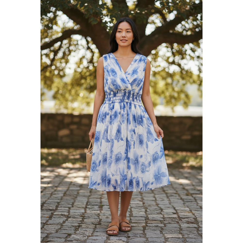 Studio M Blue Sleeveless Printed Smocked Waist Crinkle A-Line Dress Womens Large
